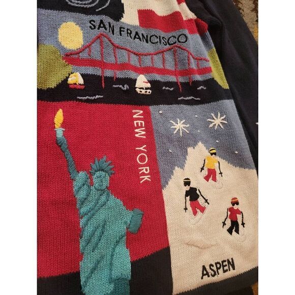 Quacker Factory Sweater Women's 2X Blue Embroidered Patriotic American Cities - Picture 4 of 6